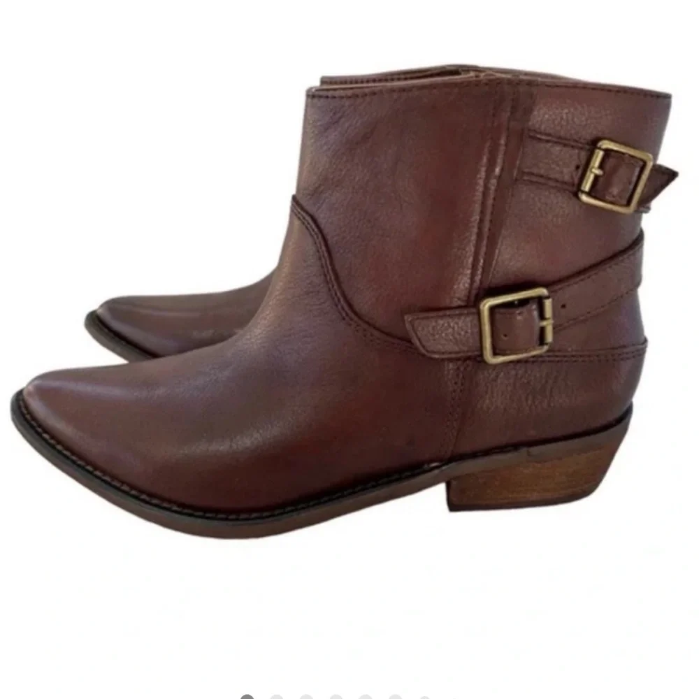 Lucky Brand Caelyn Leather Bootie Brown Double Buckle Western Moto Boho 5.5
